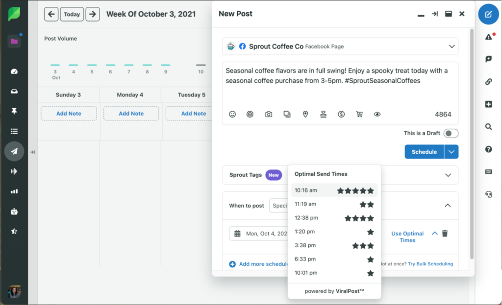 Sprout Social 的撰写框和使用 ViralPost 最佳发送时间安排 Facebook 帖子的屏幕截图。