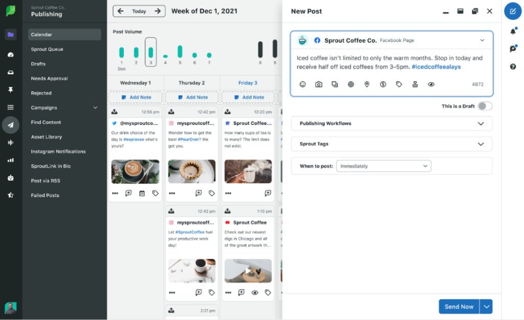 Sprout Social 的发布仪表板预览，显示新帖子和内容日历。