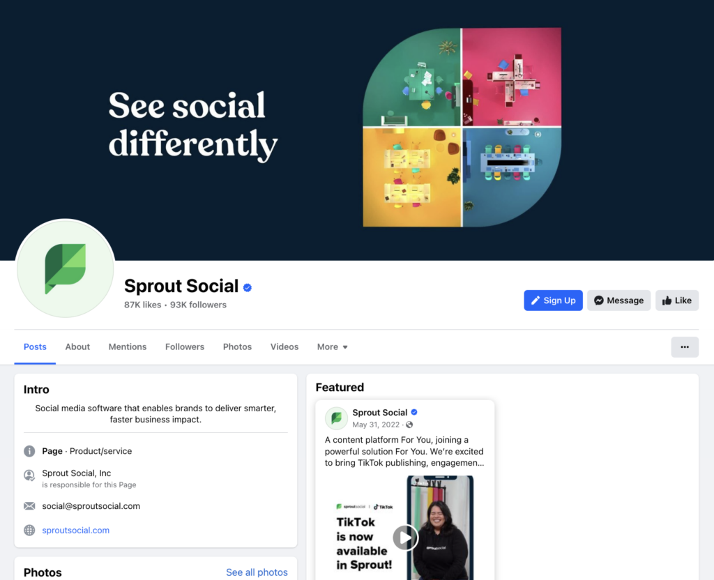 Sprout Social 的 Facebook 页面截图