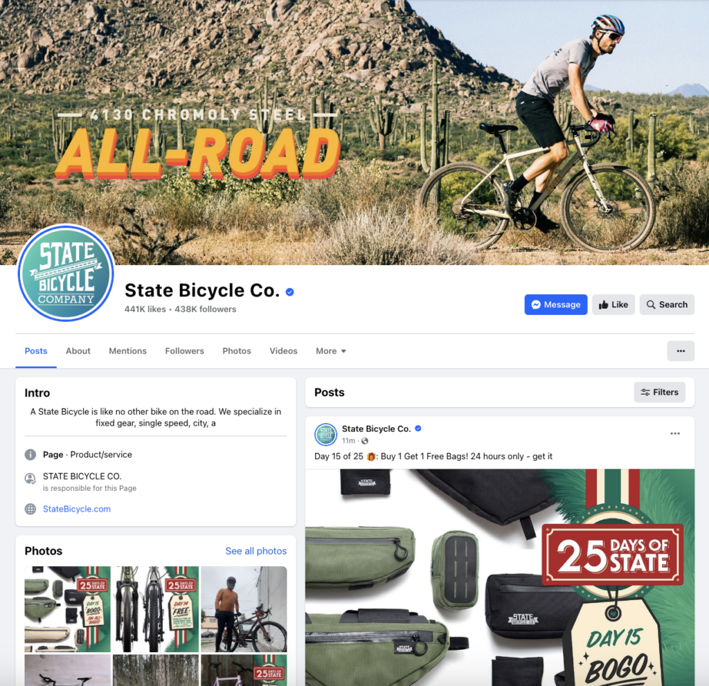 State Bicycle Company 的 Facebook 页面的屏幕截图，他们展示了不同的自行车。