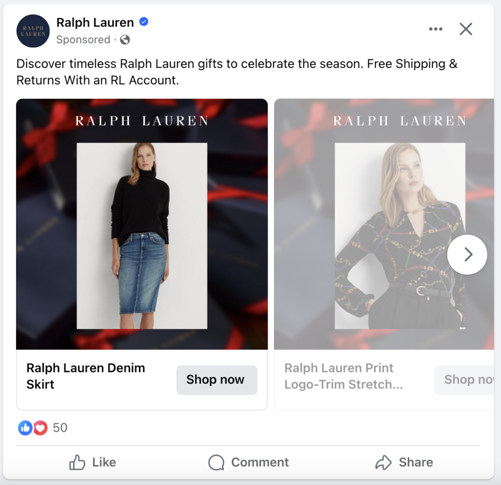 Ralph Lauren Facebook 广告抓住了节日气氛，并通过引人注目的帖子展示了他们的设计。