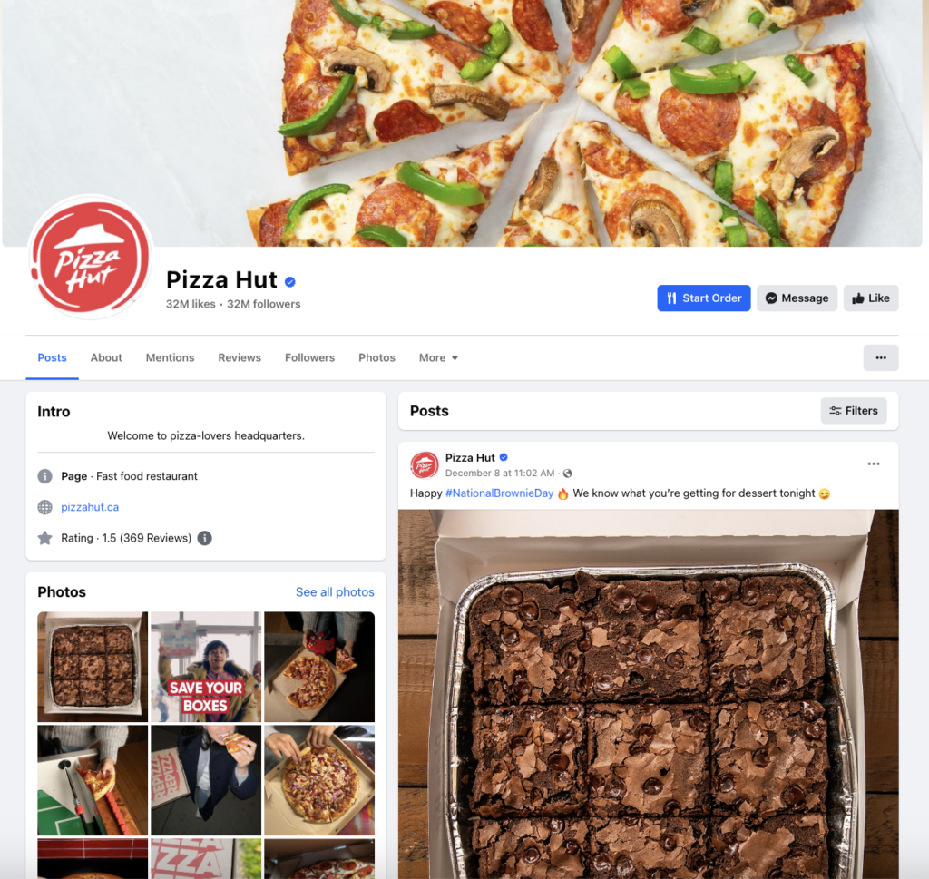 必胜客 Facebook 页面和帖子的屏幕截图