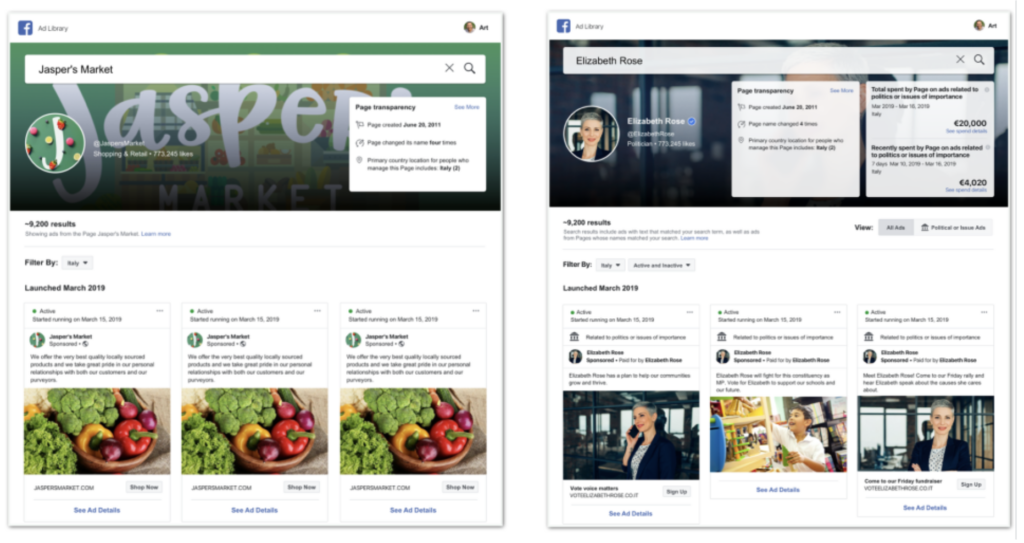 Facebook 广告库的屏幕截图，这是一个可搜索的数据库，包含 Meta 平台上正在运行或已经运行的所有内容。