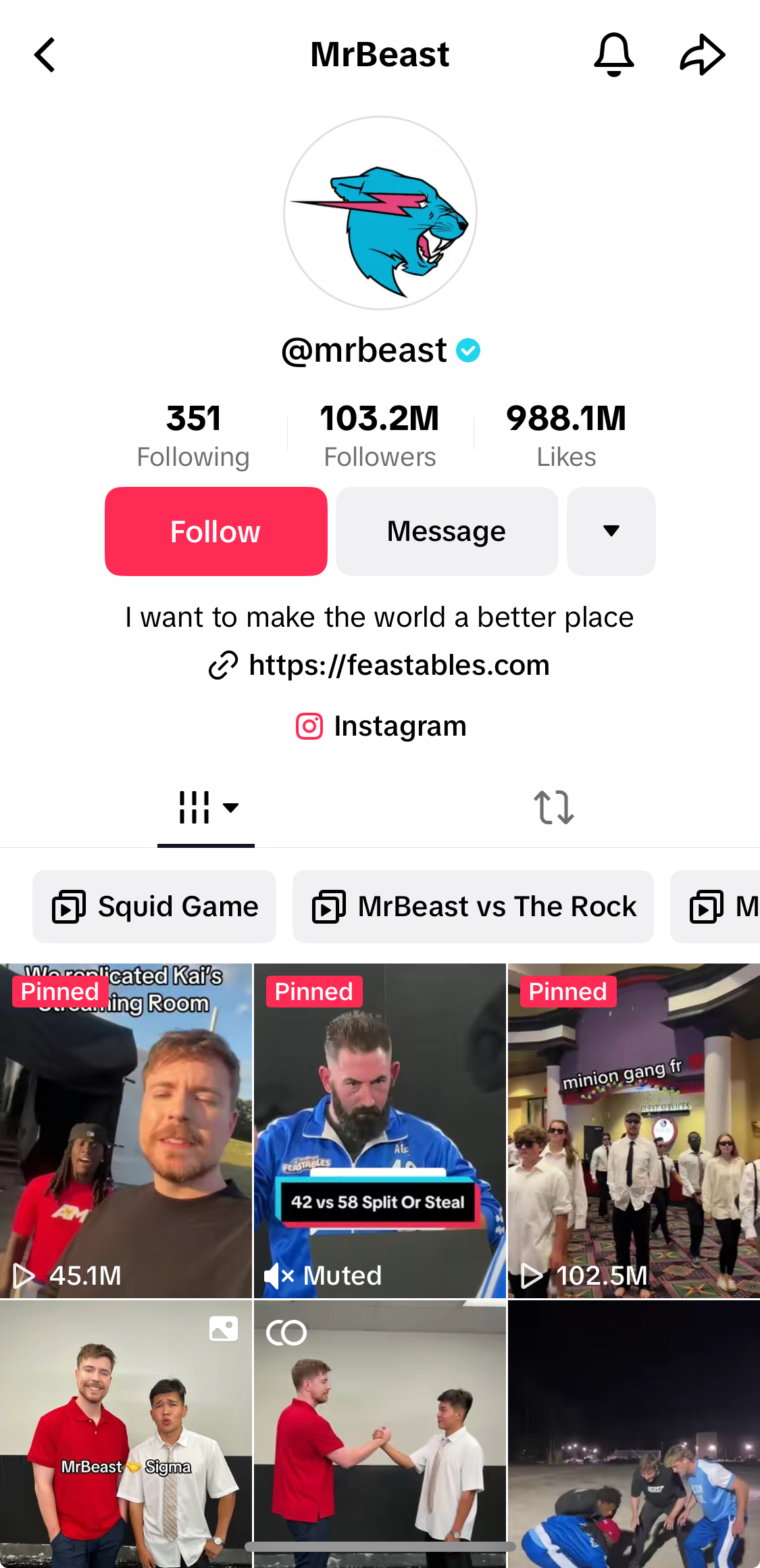 MrBeast 的 TikTok 个人资料。