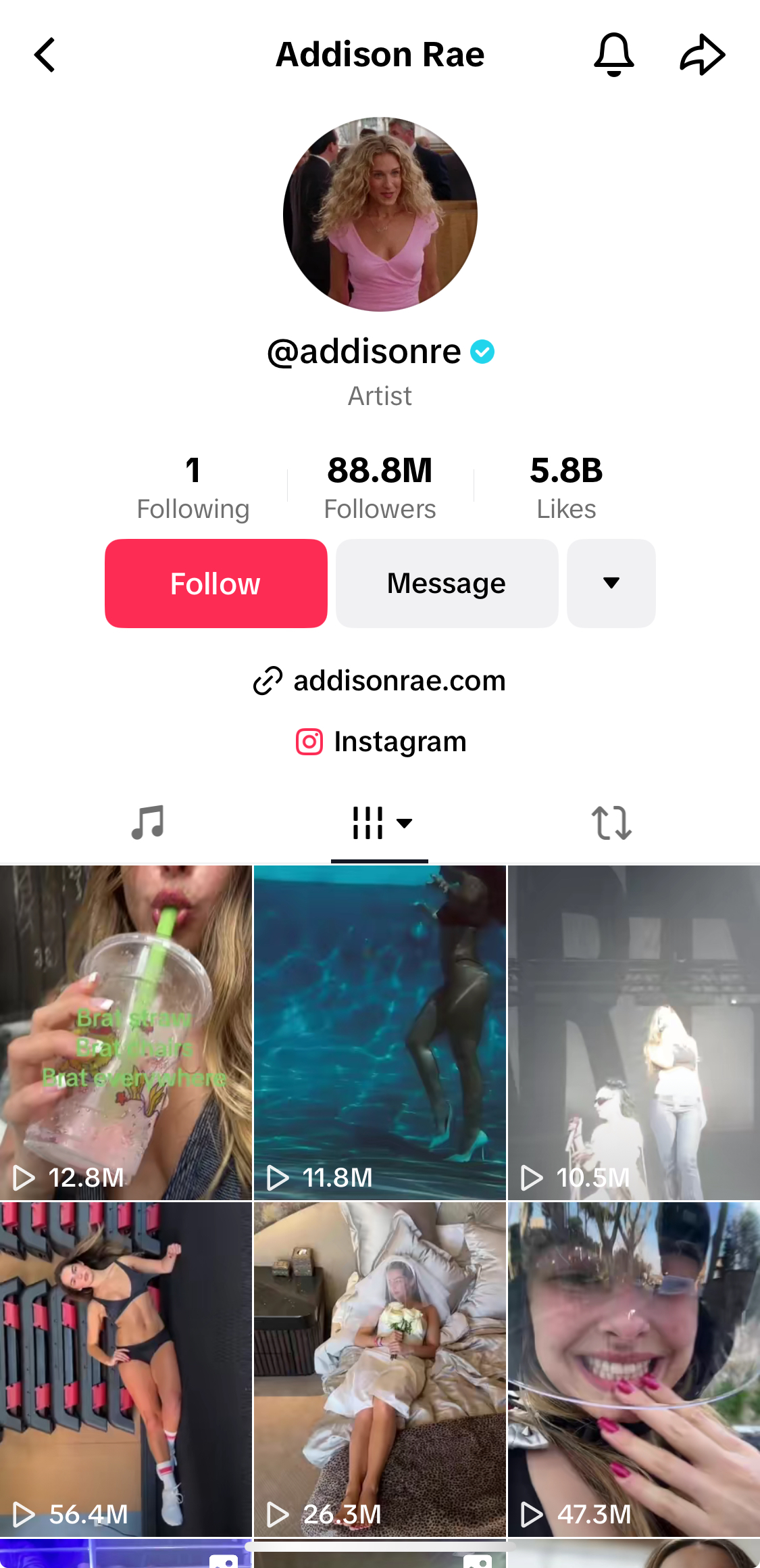 Addison Rae 的 TikTok 个人资料。
